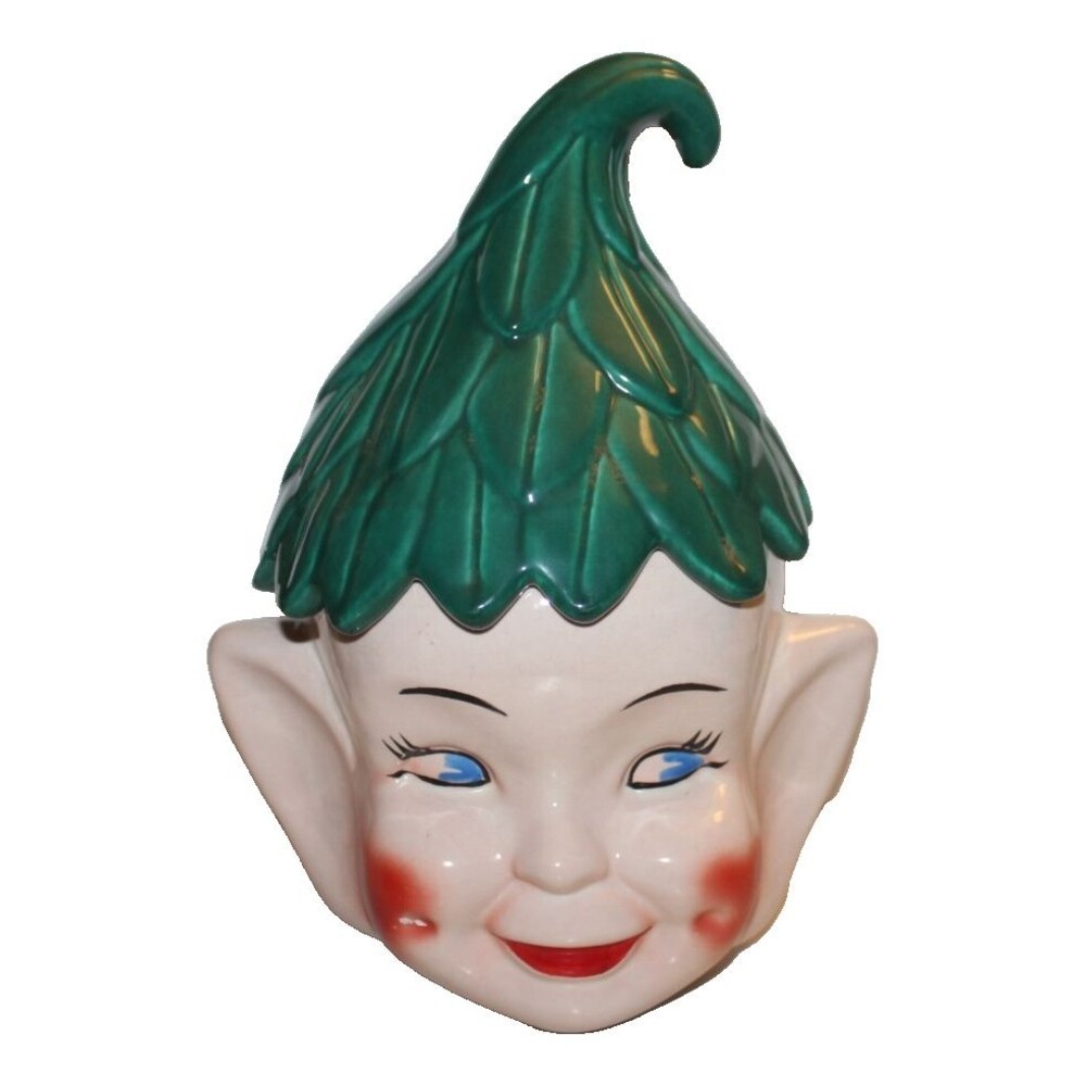 Vintage Ceramic Pixie Elf Cookie Jar Rosy Cheeks Green Hat MCM